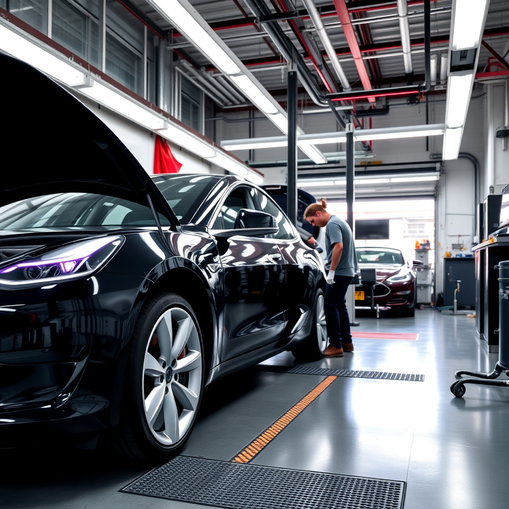 A high-tech EV repair workshop with expert technicians working on a Model 3