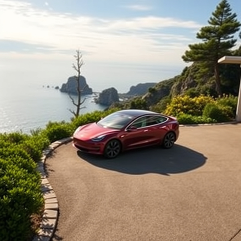 An EV Model 3 along a coastal road