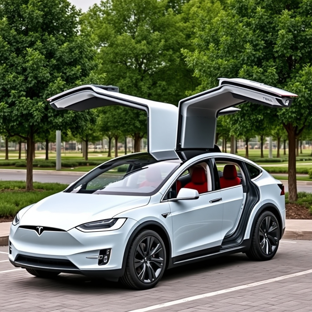 An EV Model X with falcon-wing doors open in a tech park