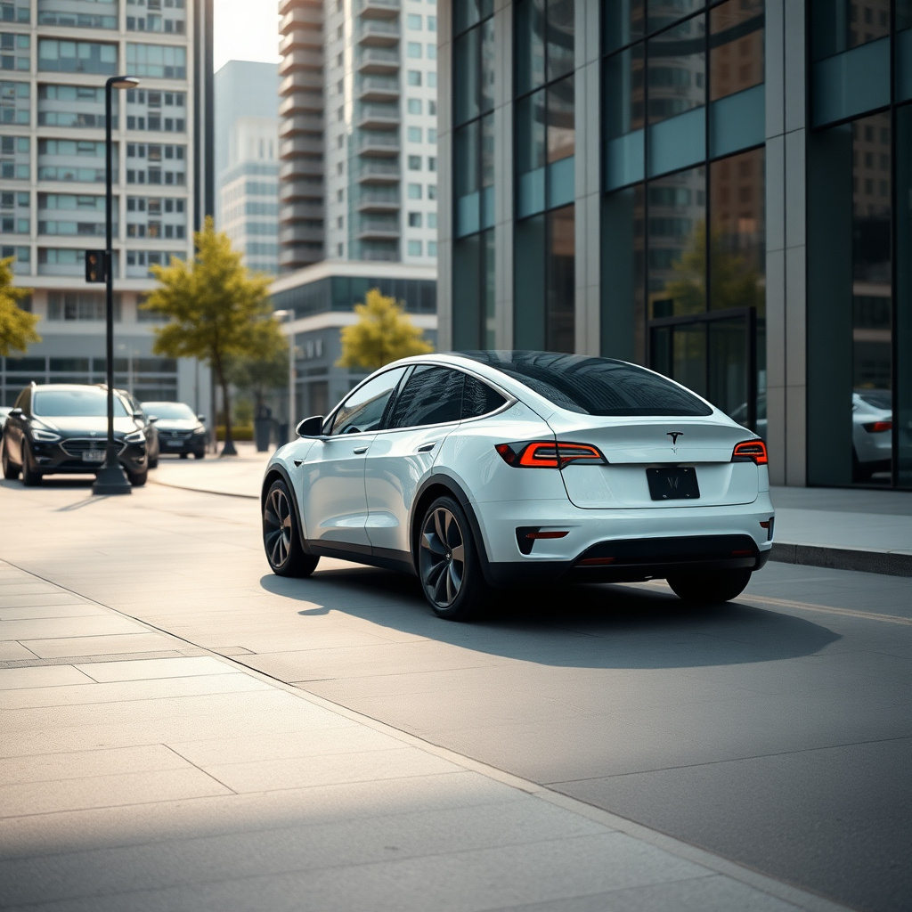 An EV Model Y in an urban setting