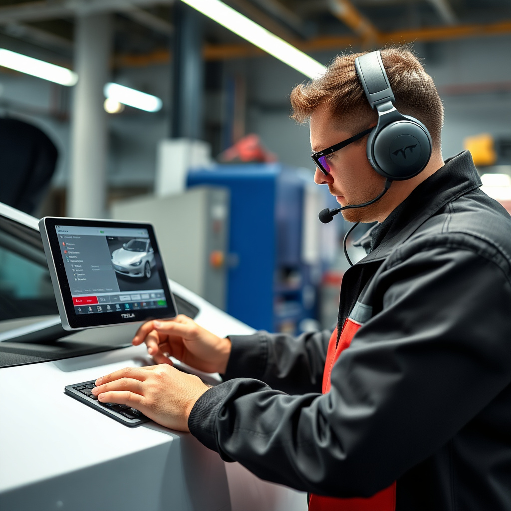 A technician using diagnostic software on an electric vehicle