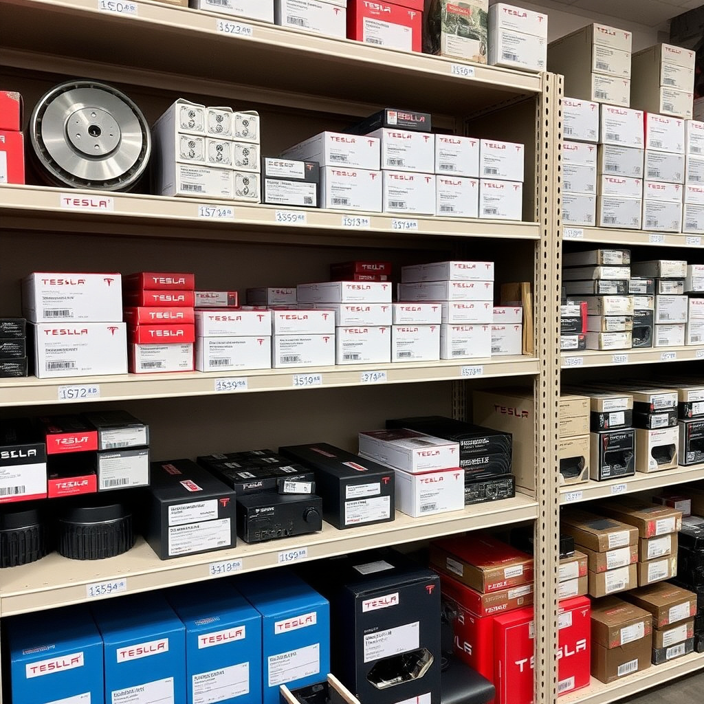 A shelf of certified aftermarket EV parts including brakes, filters and electronics