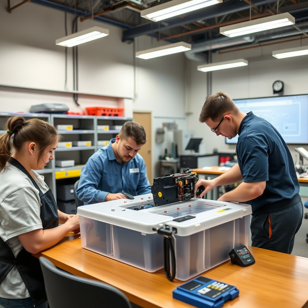 Technicians learning about EV battery architecture in a classroom